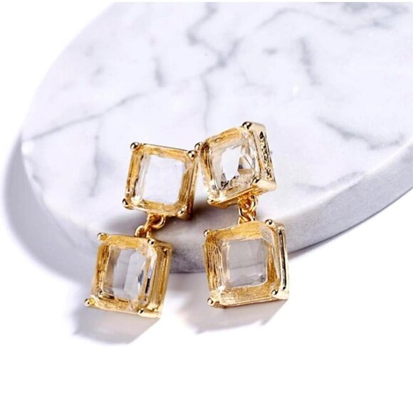 NWT Double Square Yellow Crystal Gold Frame Statement Dangle Drop Stud Earrings - Picture 2 of 7